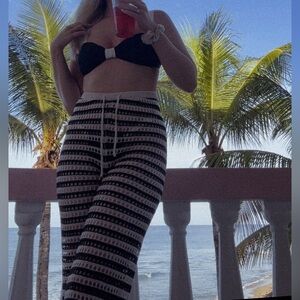 BLACK & CREAM STRIPED CROCHET COVER UP SWIM BEACH PANTS | SIZE SMALL